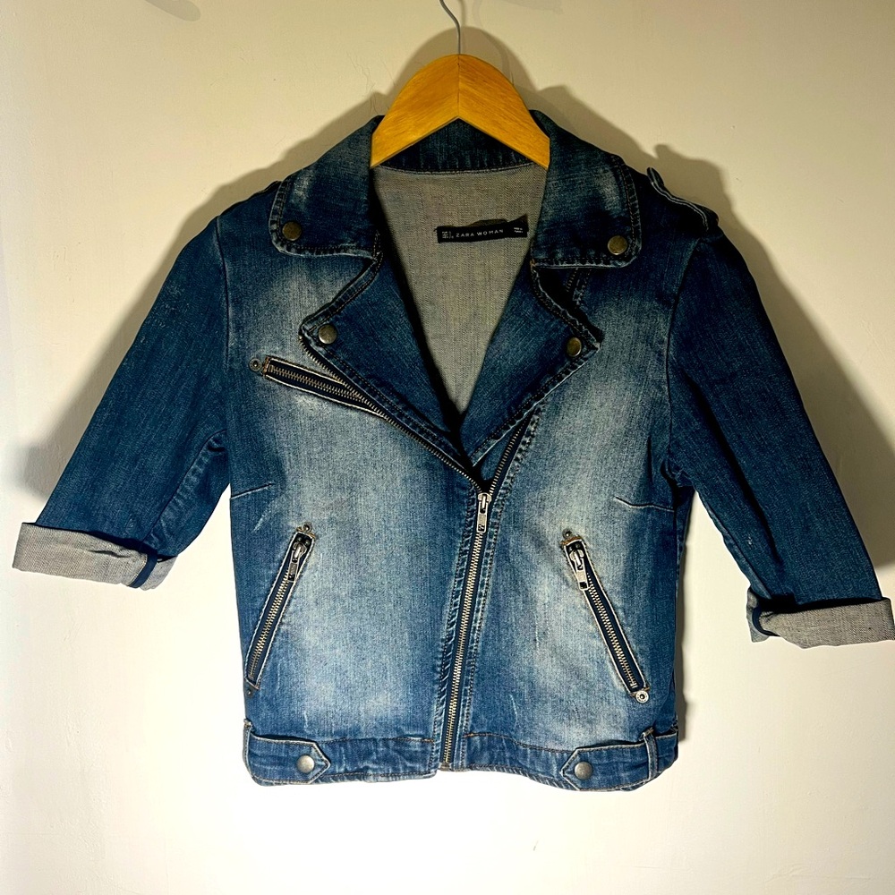 Zara Moto Style Jean Jacket 1/2 Sleeve